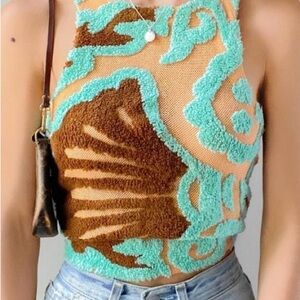 Free people haltertop appliqué rib crop top orange teal knit top Sz XS